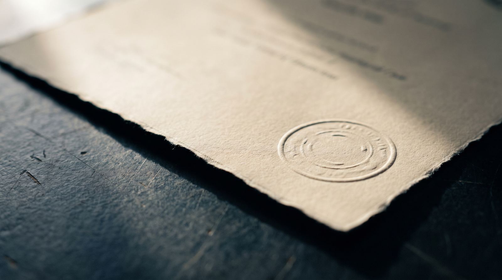 An embossed paper seal on the corner of a blank certificate, lit at a low angle.