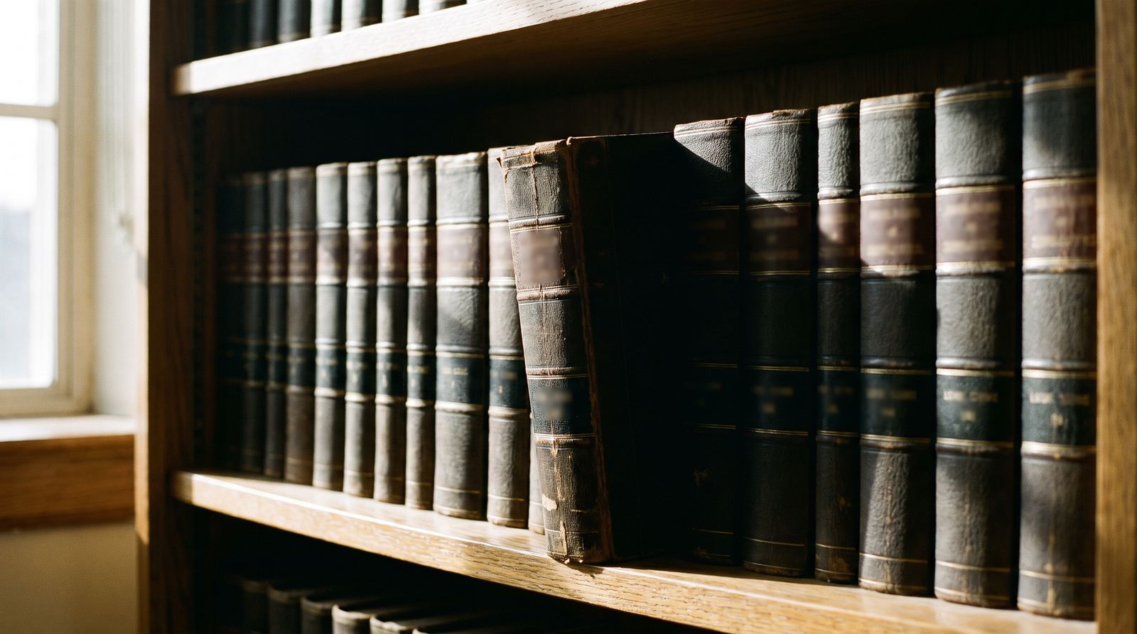 A shelf of uniformly bound legal code volumes in a state law library, one pulled proud of the rest.